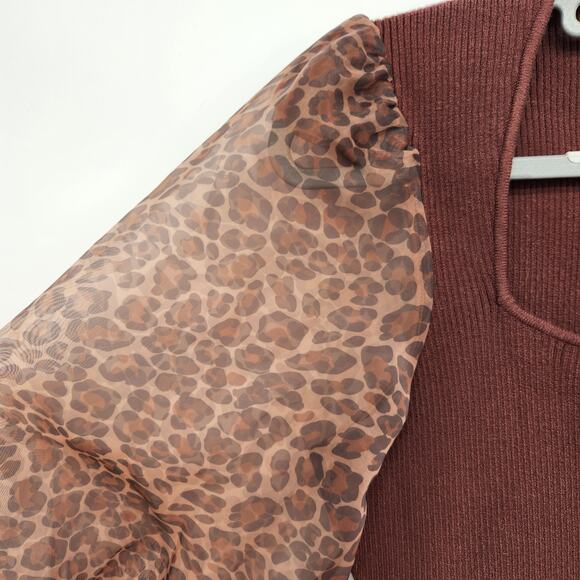 Anthropologie DOLAN Leopard Print Sheer Puff-Sleeve Brown Sweater Women's M - Picture 9 of 11